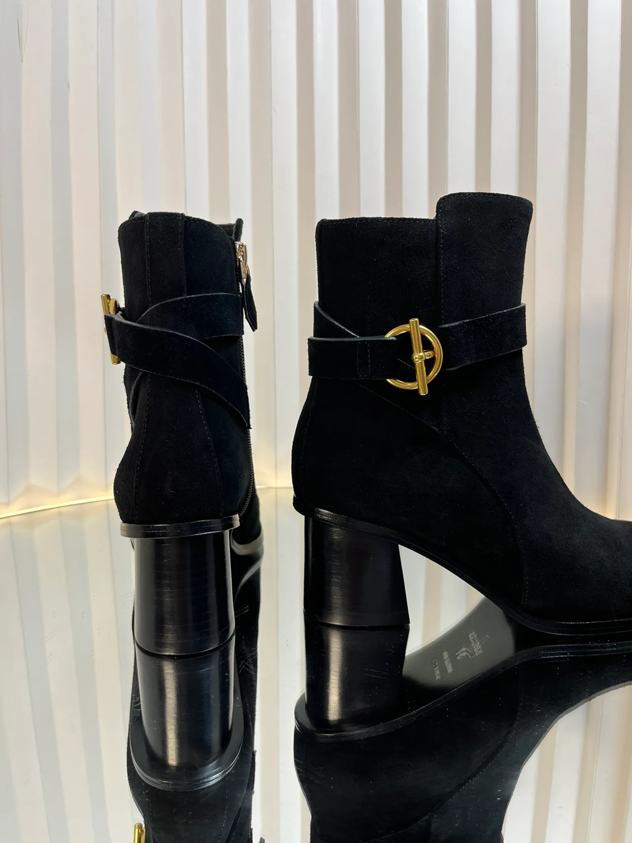 Calfskin D-Buckle Suede-Look Ankle Boots in Black · view 8
