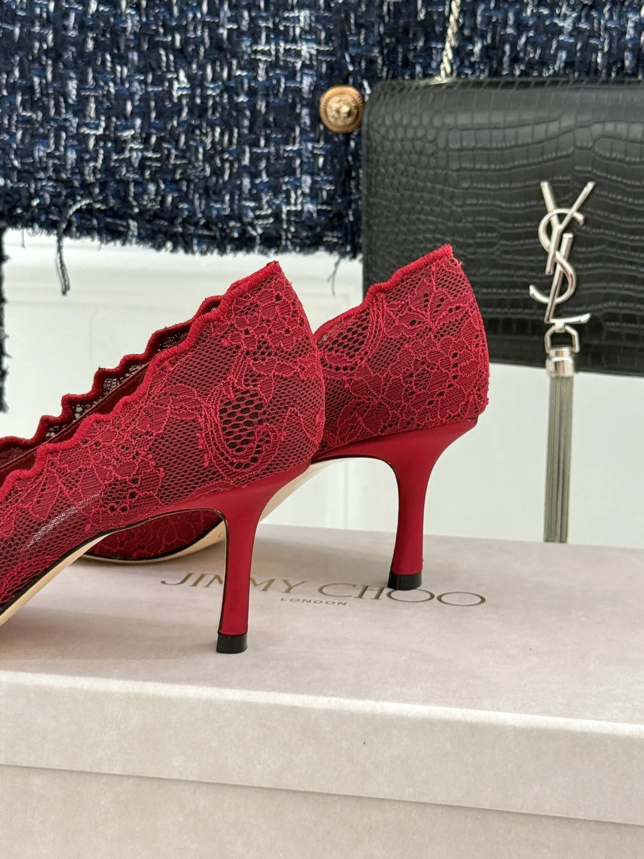 Jimmy Choo Pointed-Toe Lace Heel Pumps in Burgundy · view 6