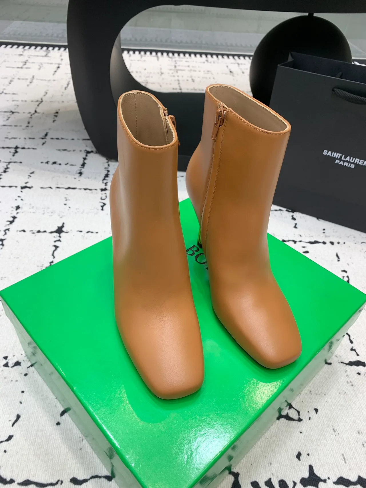 Calfskin Smooth Sculptural-Heel Ankle Boots in Brown · view 1