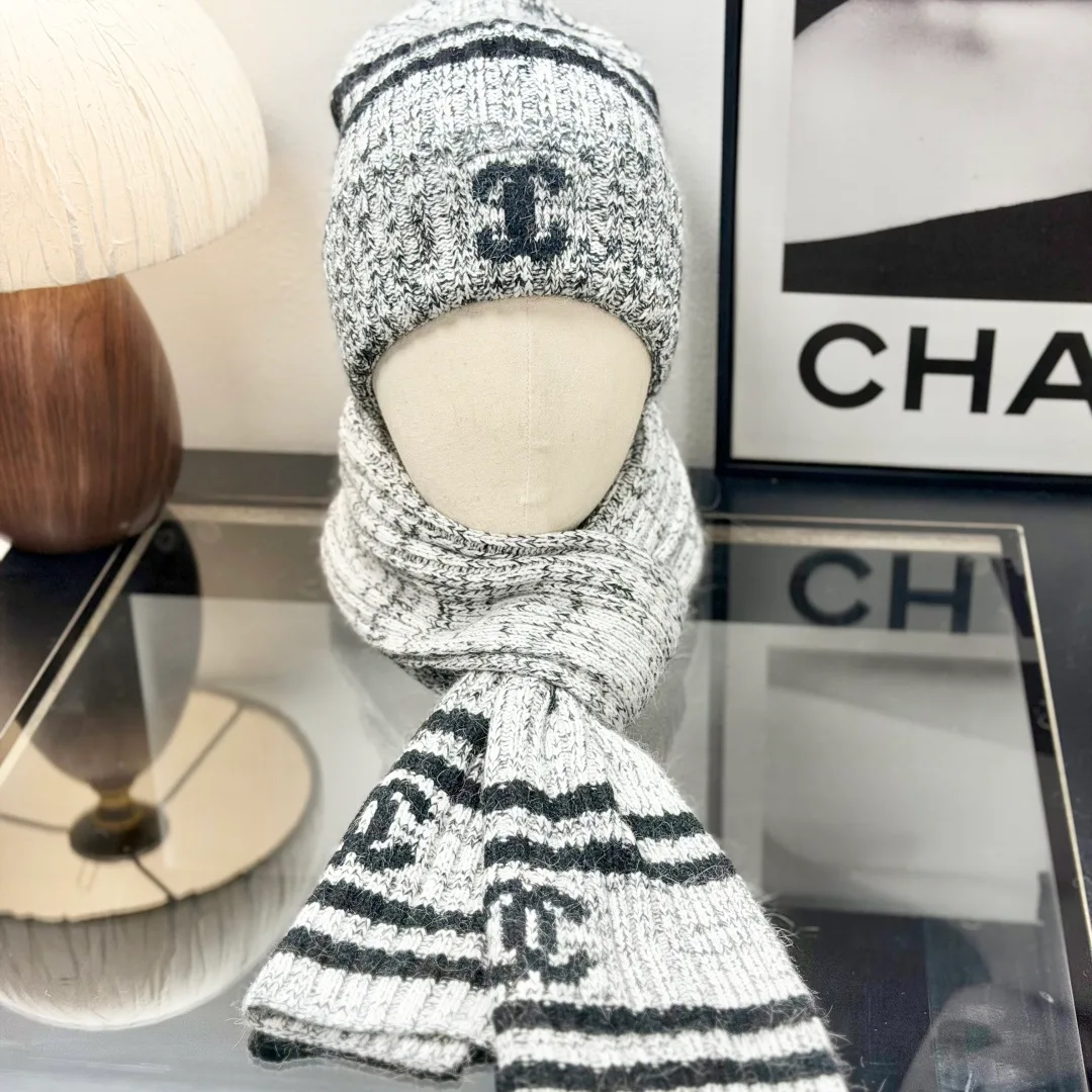Chanel Wool Striped Beanie and Scarf Set in Grey · view 1