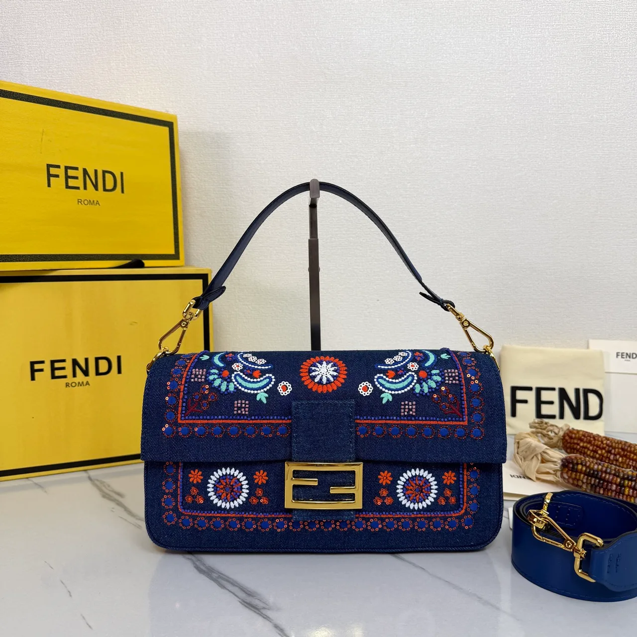 Fendi Baguette Embroidered Floral Flap Shoulder Bag in Blue · view 1