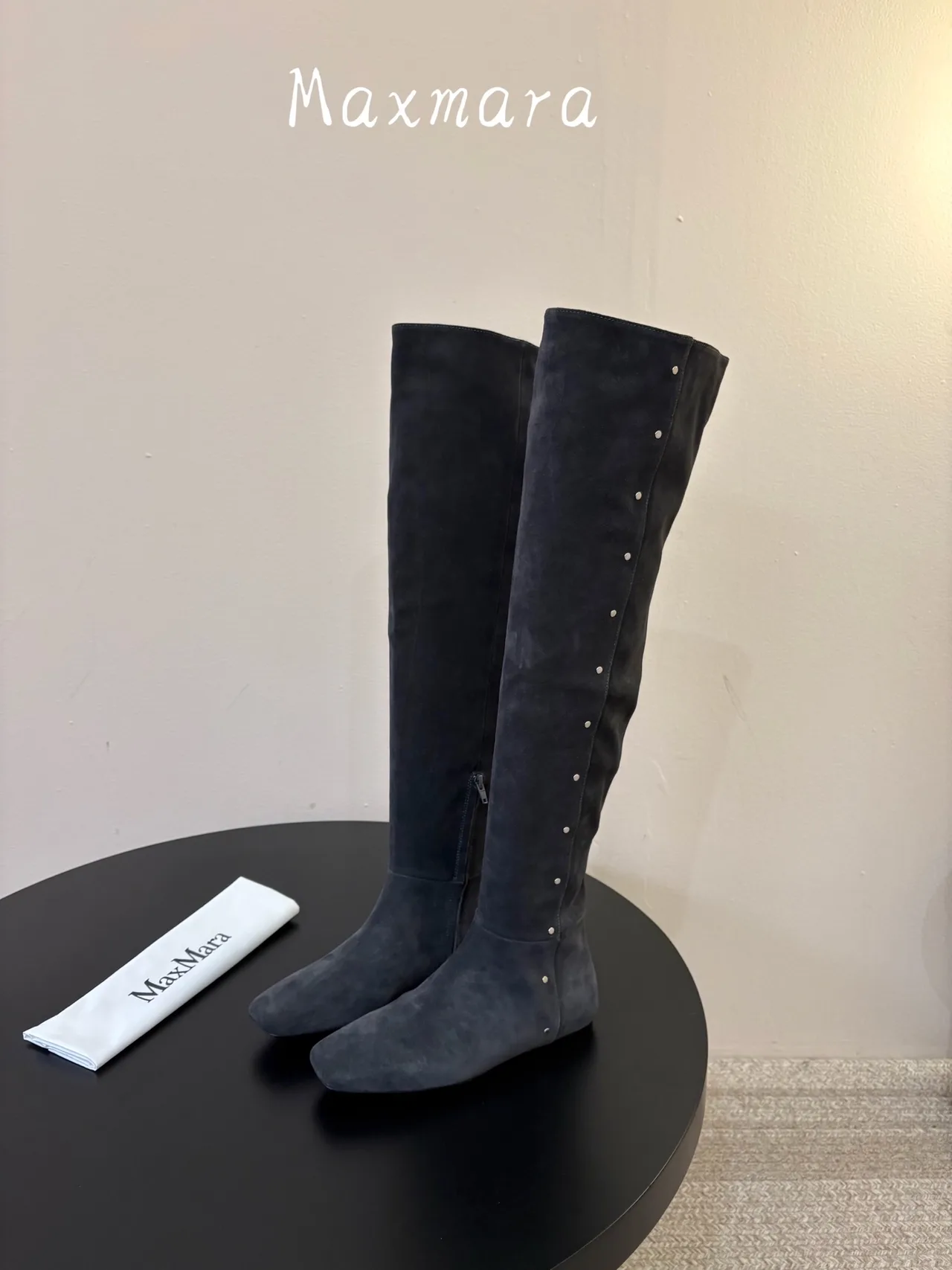 Max Mara Suede-Look Pointed-Toe Over-The-Knee Boots in Grey · view 5