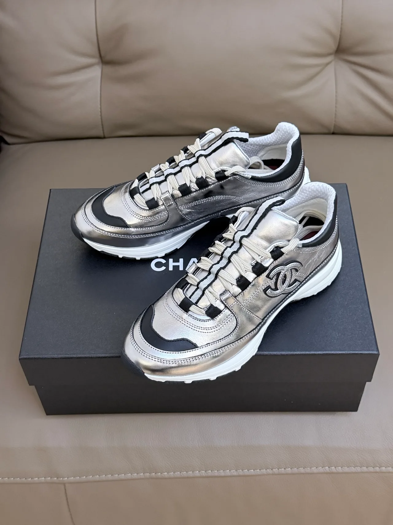 Chanel Cowhide Sheepskin Striped Sneakers in Silver · view 2
