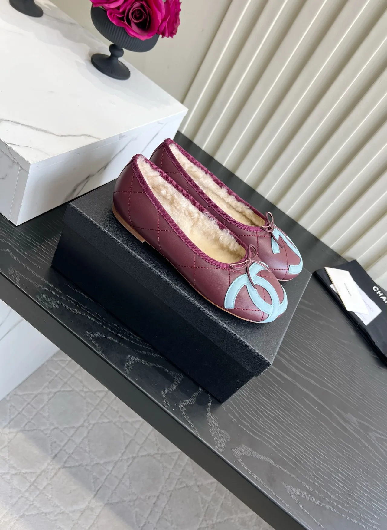 Chanel Sheepskin Quilted Bow Fur-Lined Ballet Flats in Burgundy · view 3