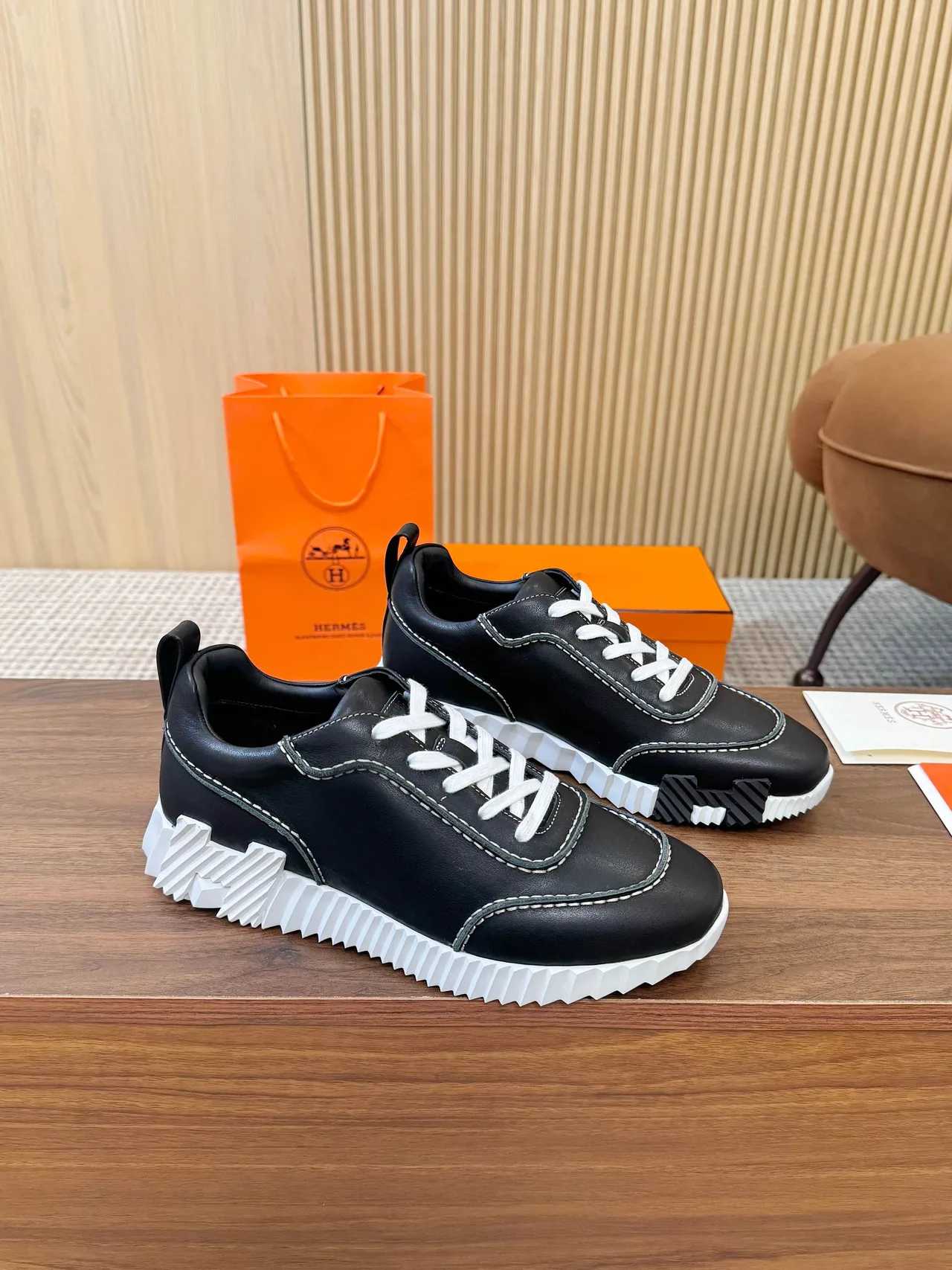Hermes Smooth Round-Toe Sneakers in Black · view 3