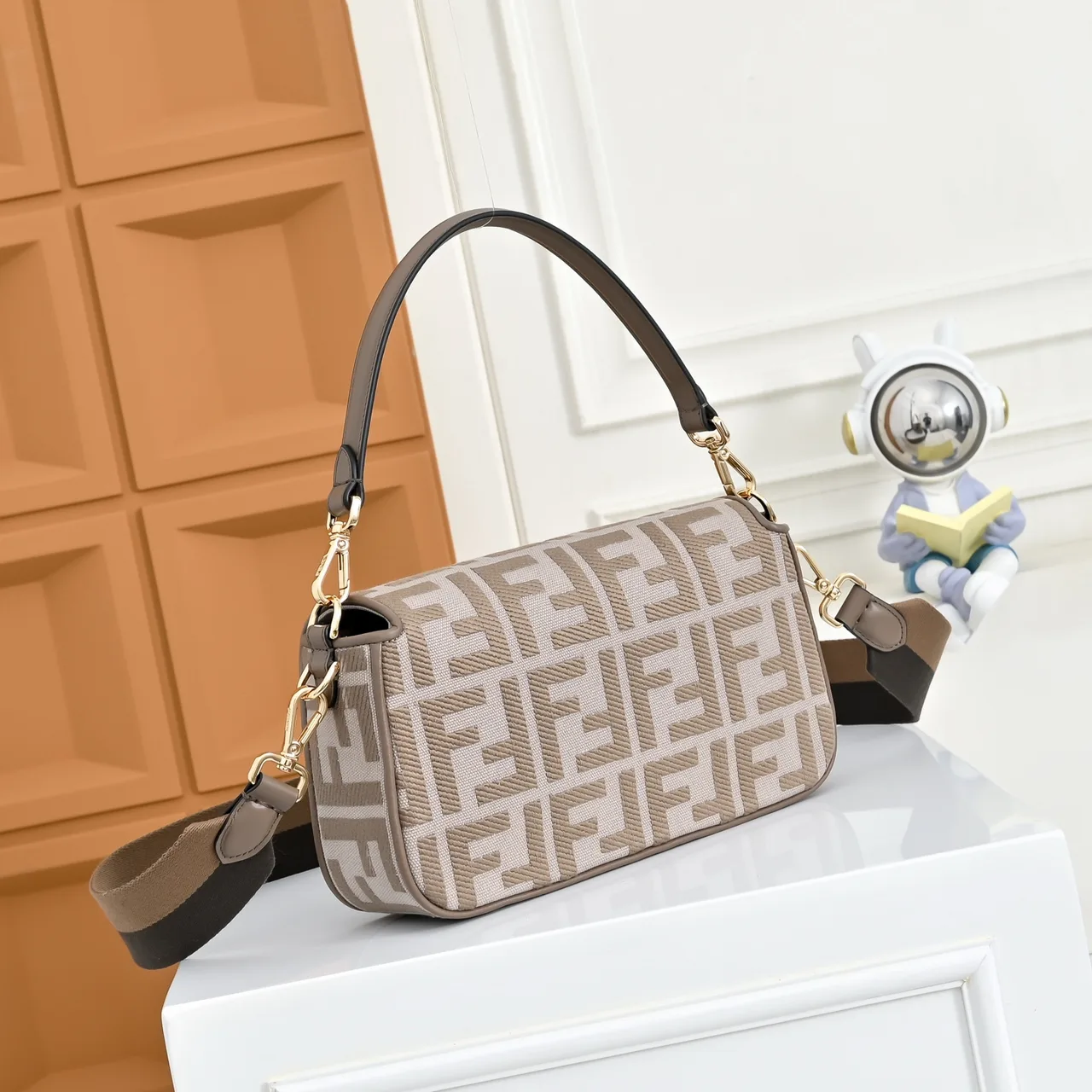 Fendi Baguette FF-Embroidered Canvas Shoulder Bag in Beige · view 2