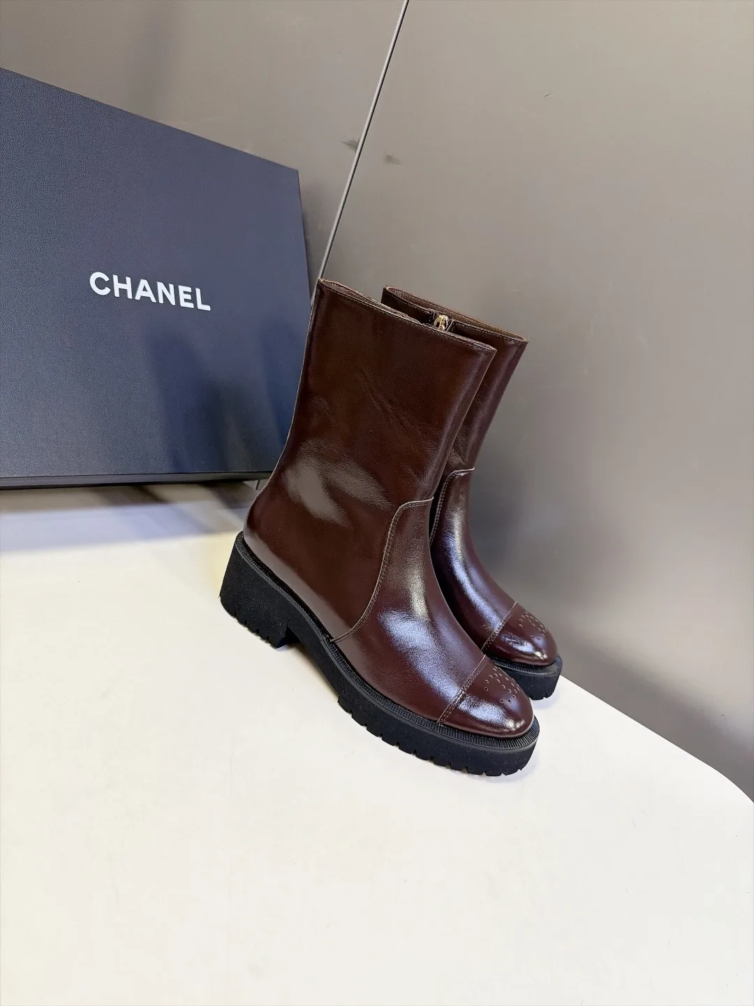 Chanel Cowhide Patent Leather Glossy Round-Toe Ankle Boots in Brown · view 2