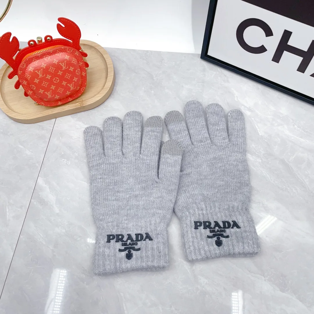 Prada Wool Ribbed Embroidered Hat Scarf and Gloves Set in Grey · view 7