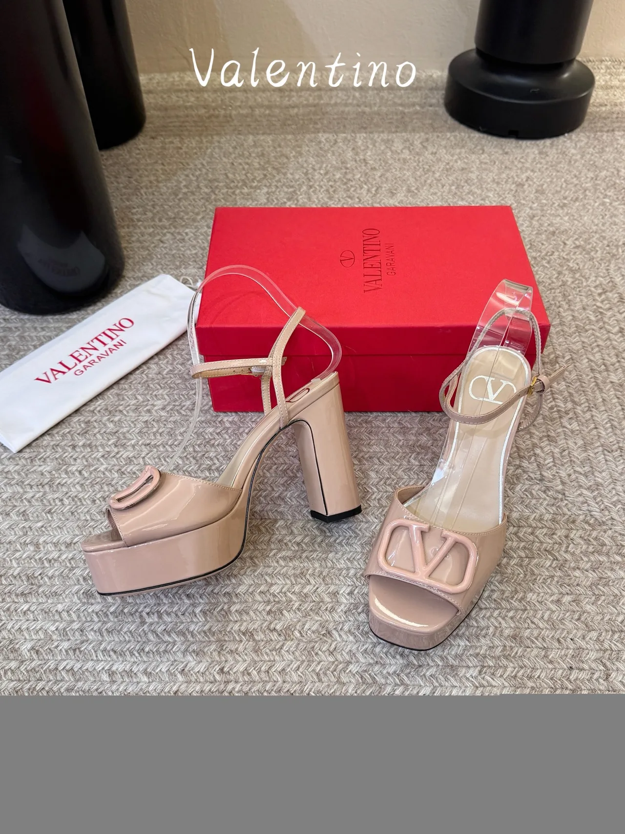 Valentino Patent Leather Square-Toe VLogo Platform Sandals in Pink · view 5