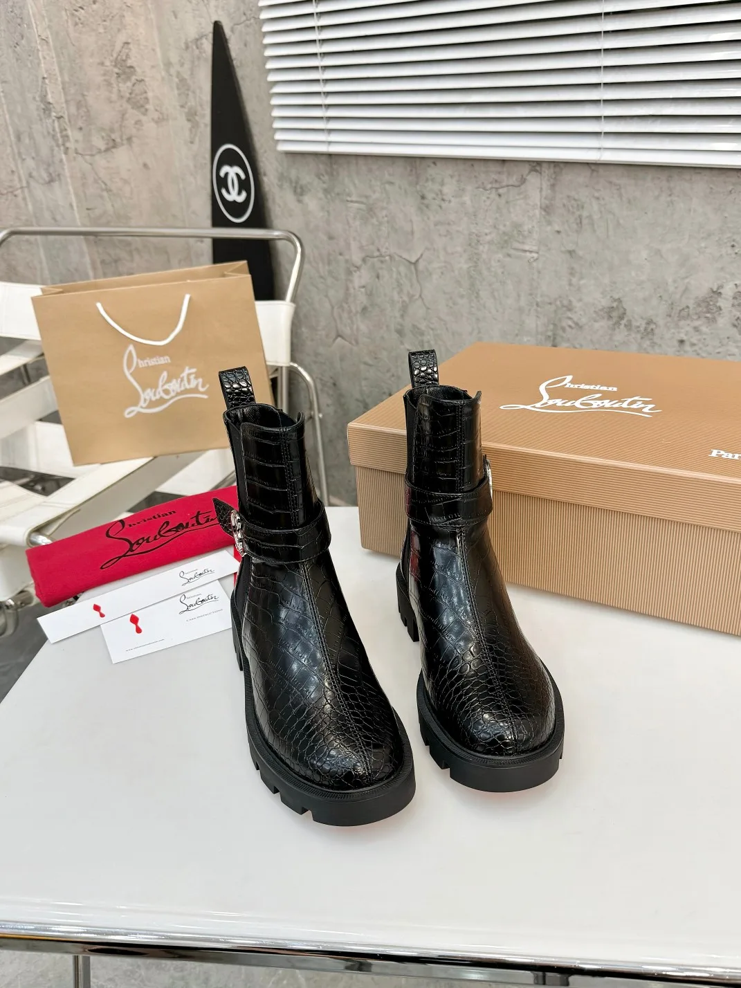 Christian Louboutin Glossy Buckle Ankle Boots in Black · view 3