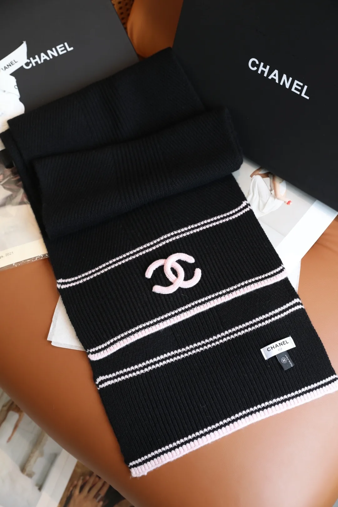 Chanel Wool Cashmere Striped Scarf in Black · view 6