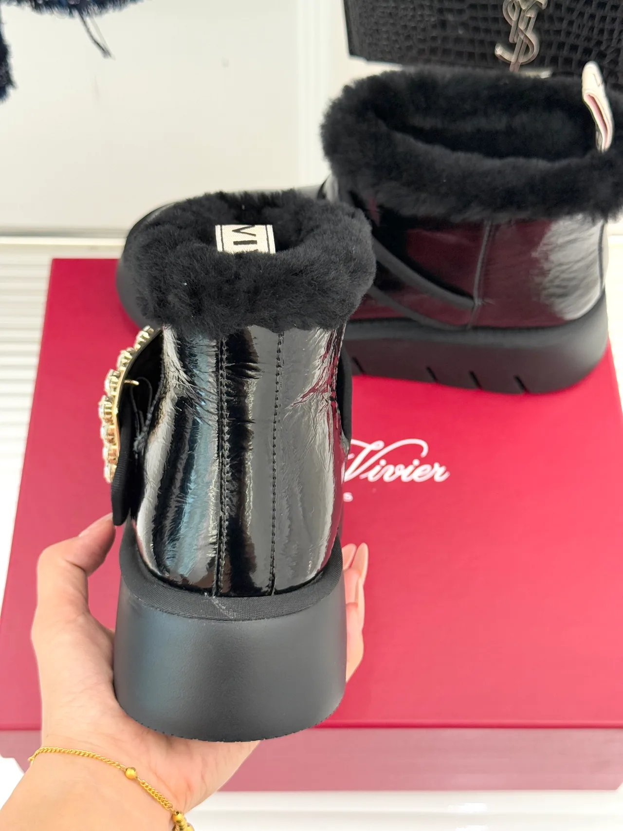Roger Vivier Wool Glossy Fur-Lined Ankle Boots in Black · view 8