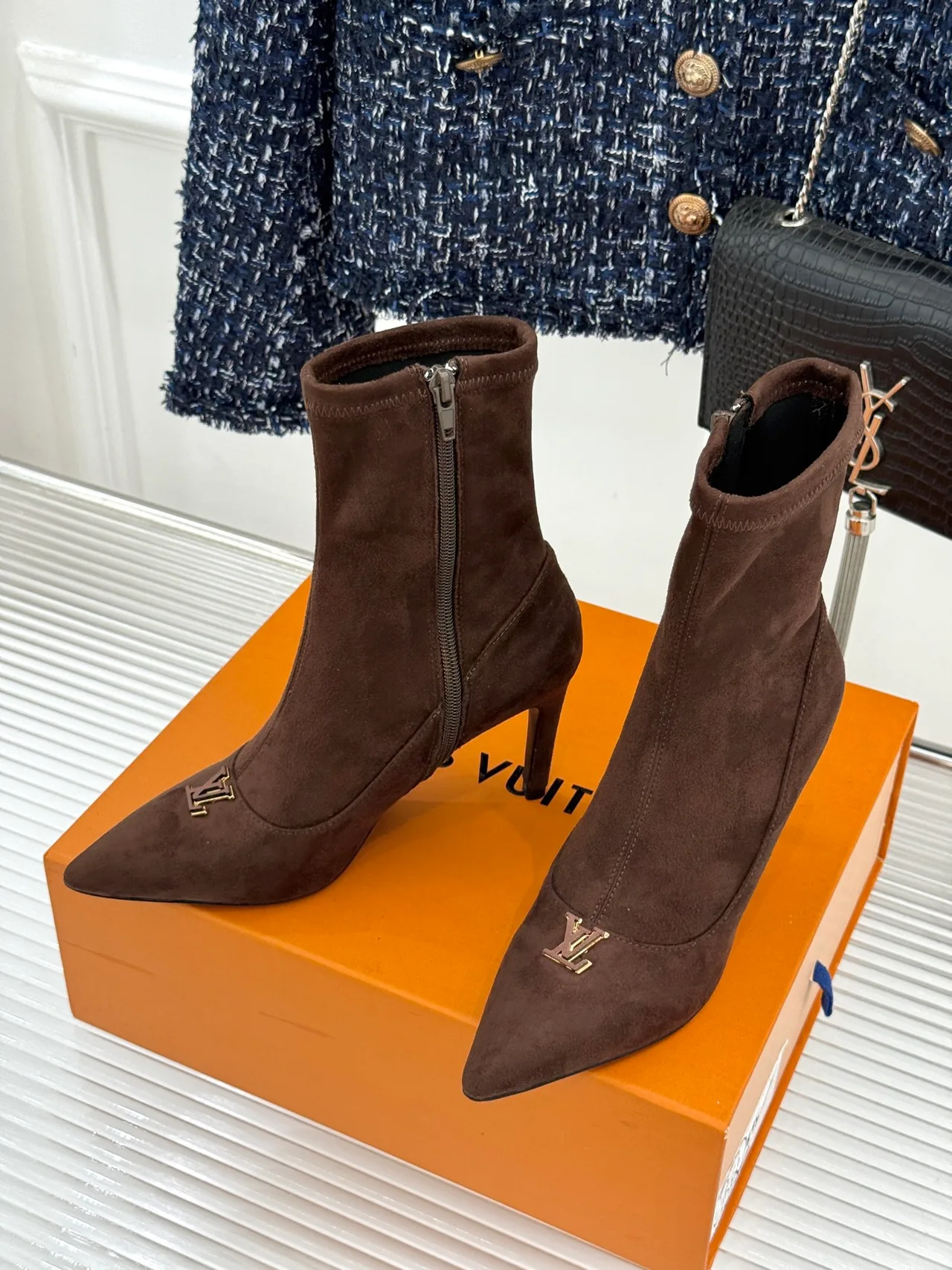 Louis Vuitton Denim Suede-Look Pointed-Toe Pumps in Brown · view 2