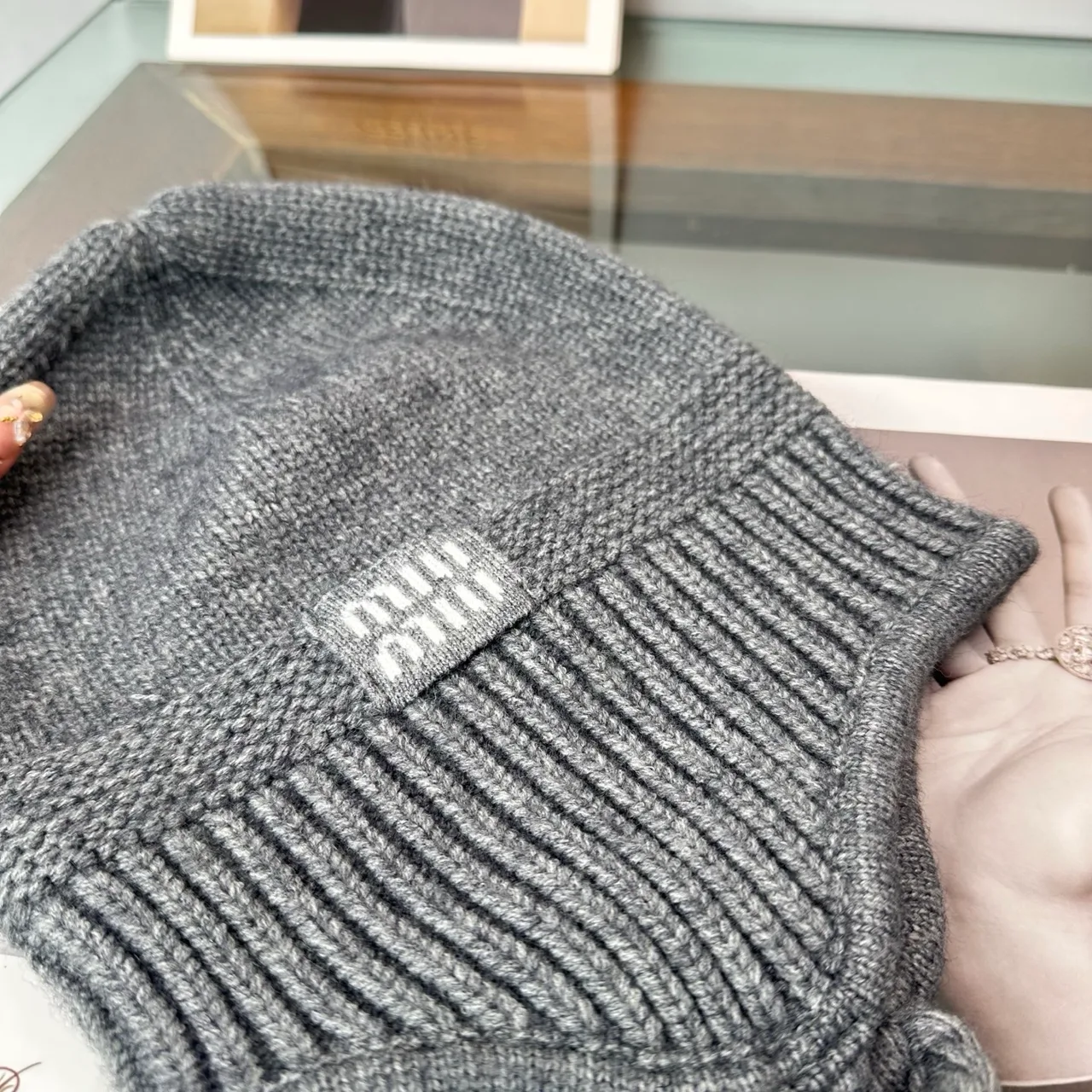 Miu Miu Earflap Beanie in Cream & Grey & Black · view 5