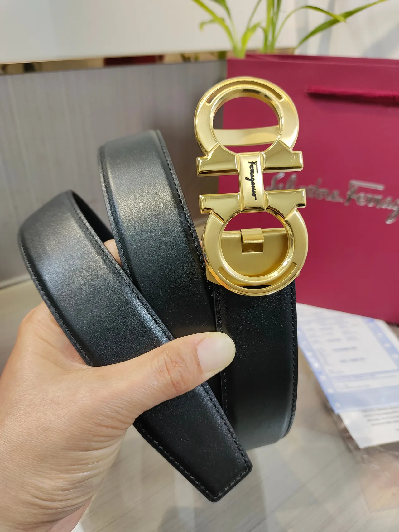 Ferragamo Calfskin Glossy Belt in Black · view 4