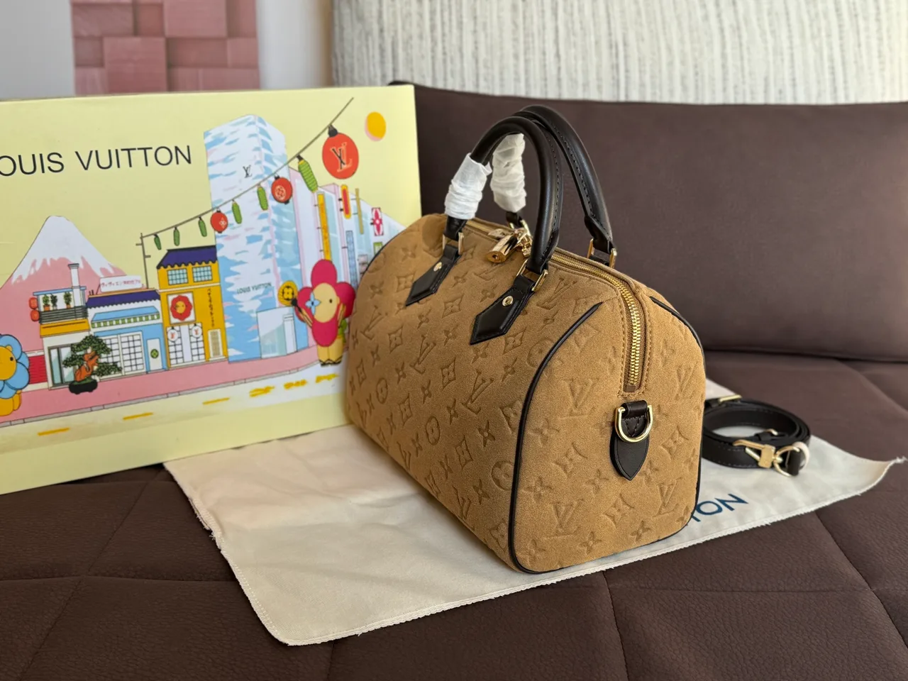 Louis Vuitton Speedy 25 Embossed Suede Pillow Top-Handle Bag in Tan · view 3