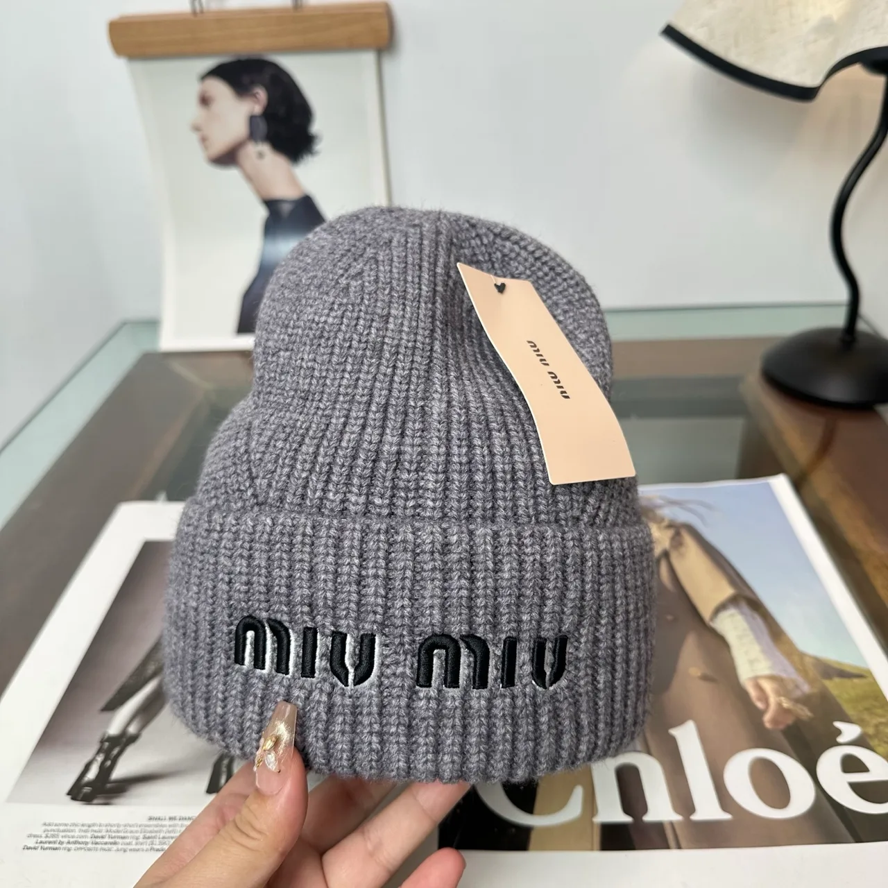 Miu Miu Ribbed Embroidered Beanie in Grey · view 5