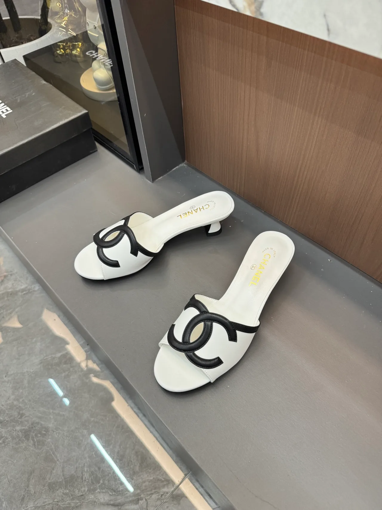 Chanel CC Cutout Heeled Mules in Blue / Pink / White / Yellow · view 3