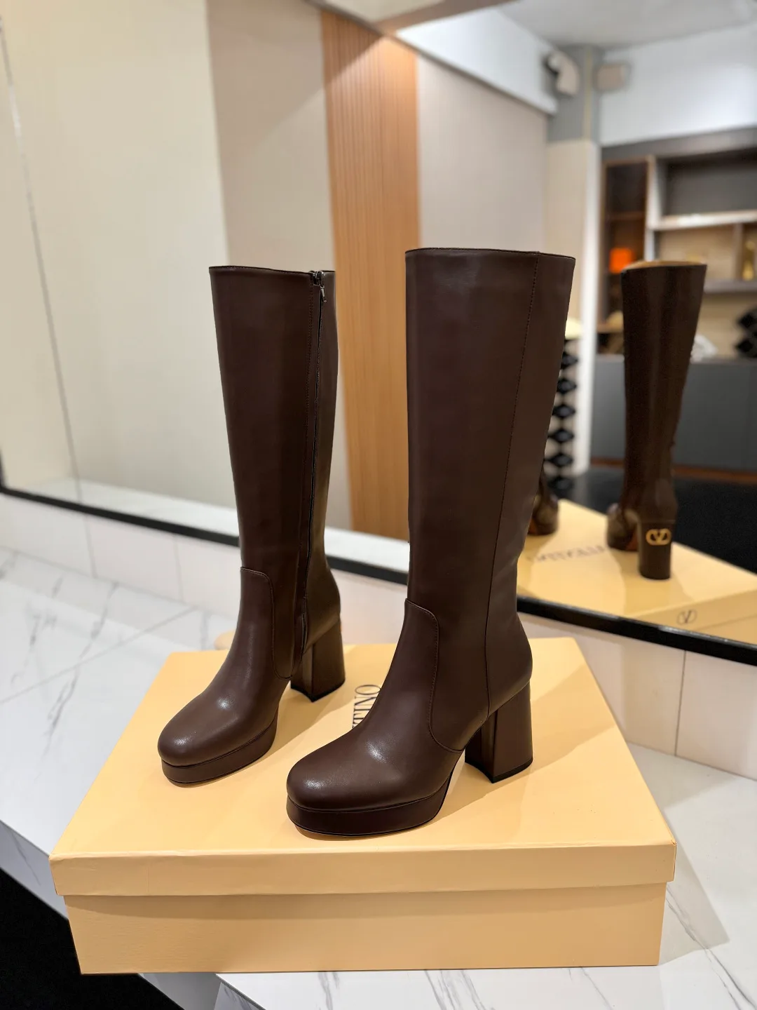 Valentino Cowhide Glossy Round-Toe Knee-High Boots in Brown · view 2