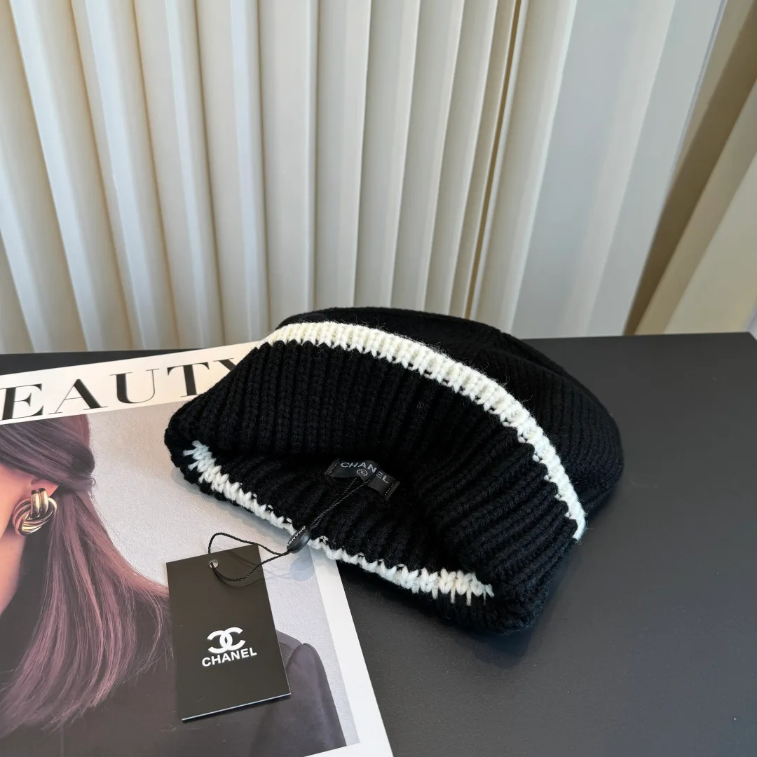 Chanel Ribbed Striped Beanie in Black · view 8