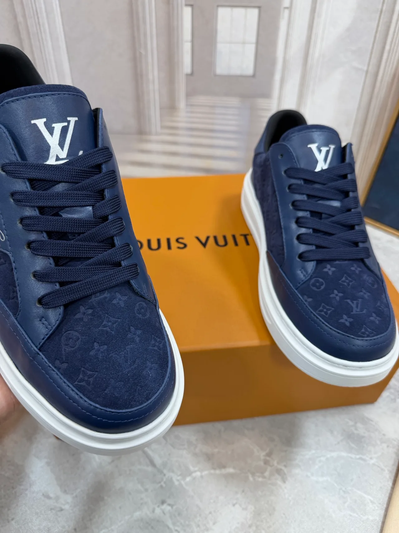 Louis Vuitton Calfskin Monogram Low-Top Sneakers in Blue · view 7