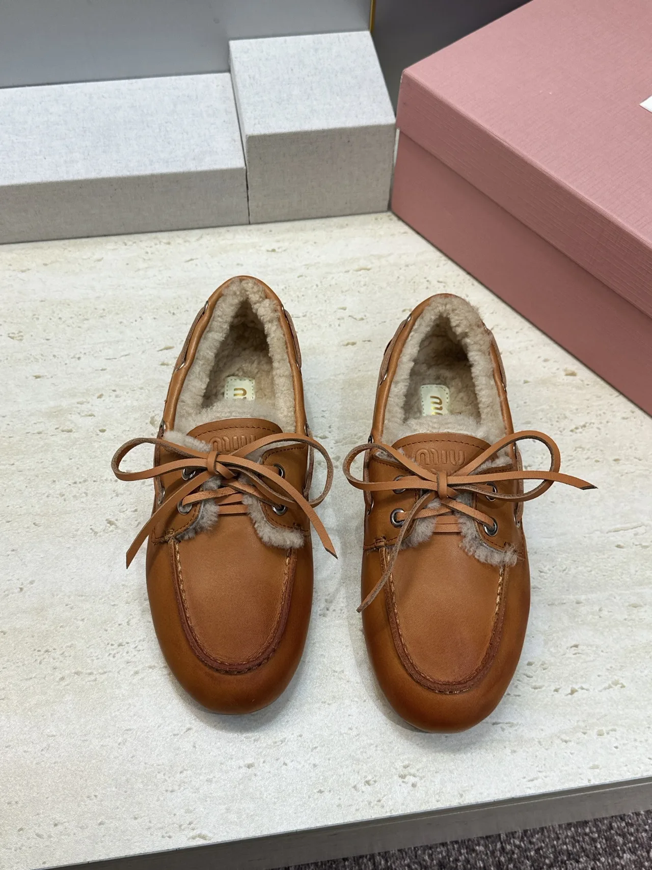 Miu Miu Calfskin Smooth Loafers in Tan · view 2