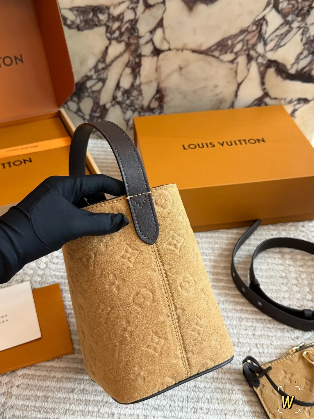 Louis Vuitton Suede Monogram Bucket Bag in Tan · view 4