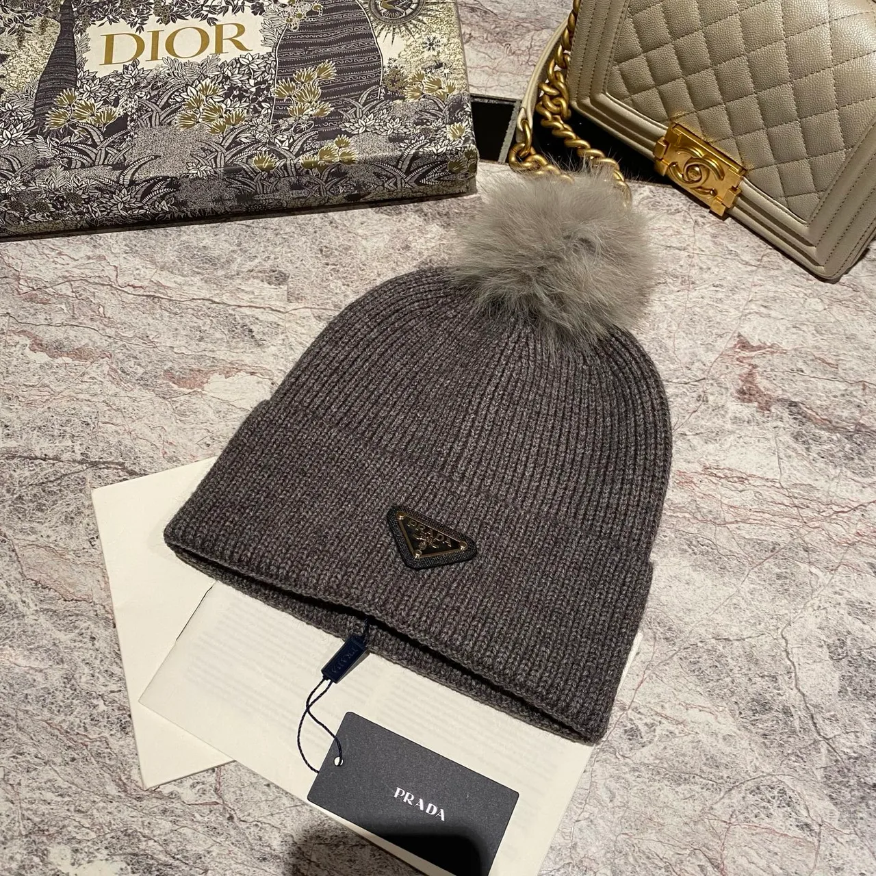 Prada Pom-Pom Beanie in Black & White & Cream & Tan & Grey & Red · view 5