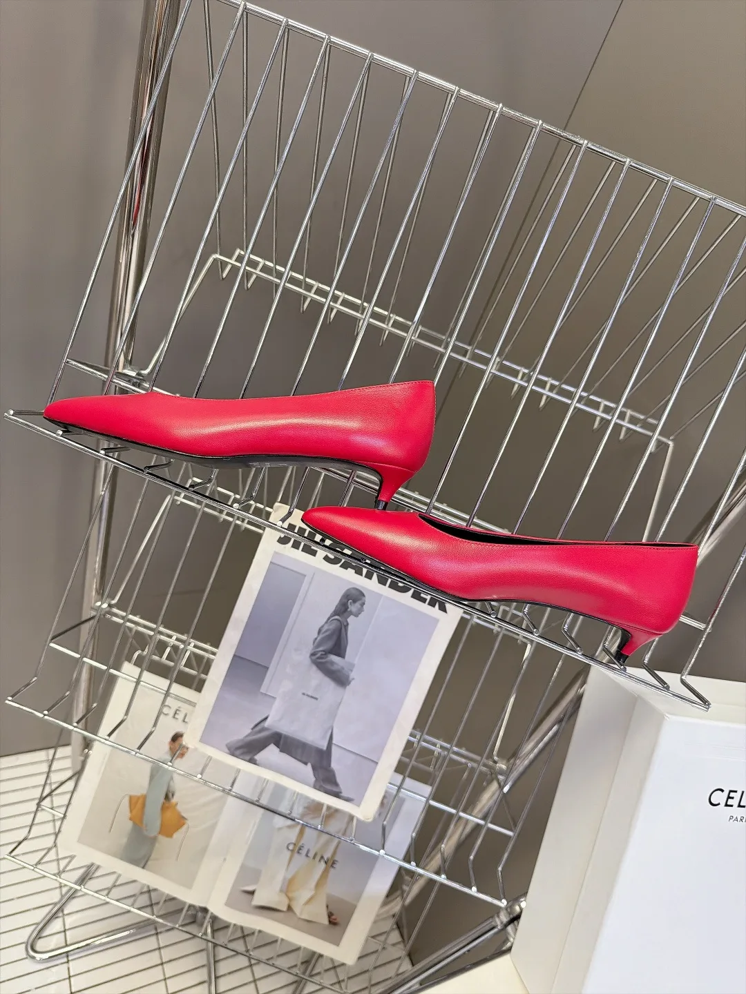 Celine Lambskin Glossy Pointed-Toe Kitten Heel Pumps in Red · view 6