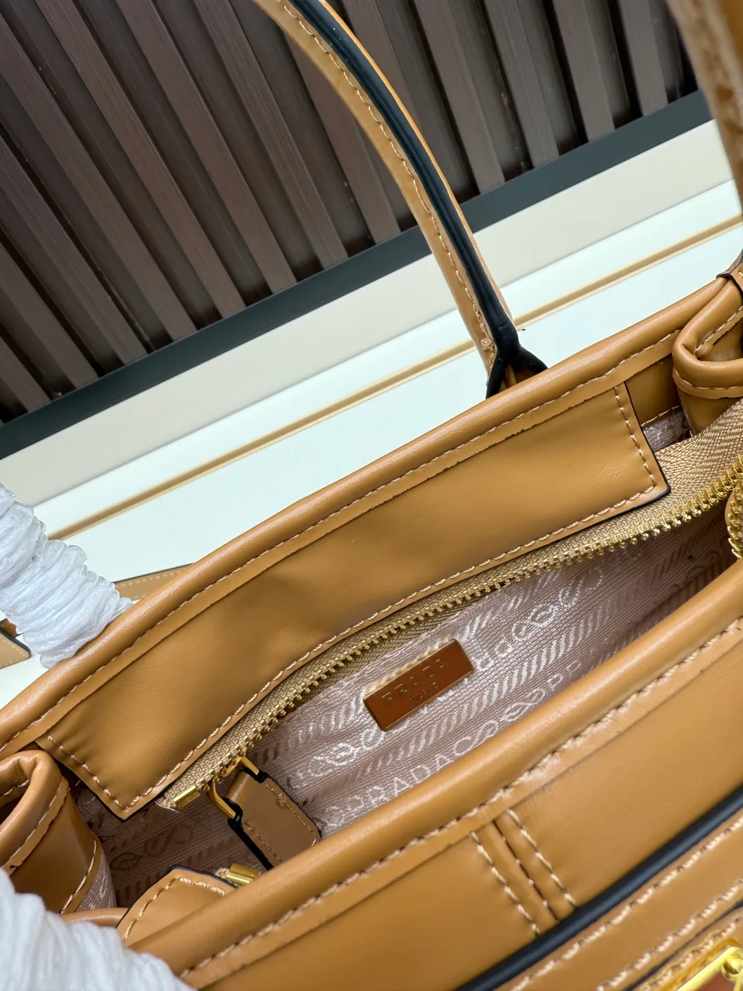 Prada Calfskin Top-Handle Bag in Tan · view 8