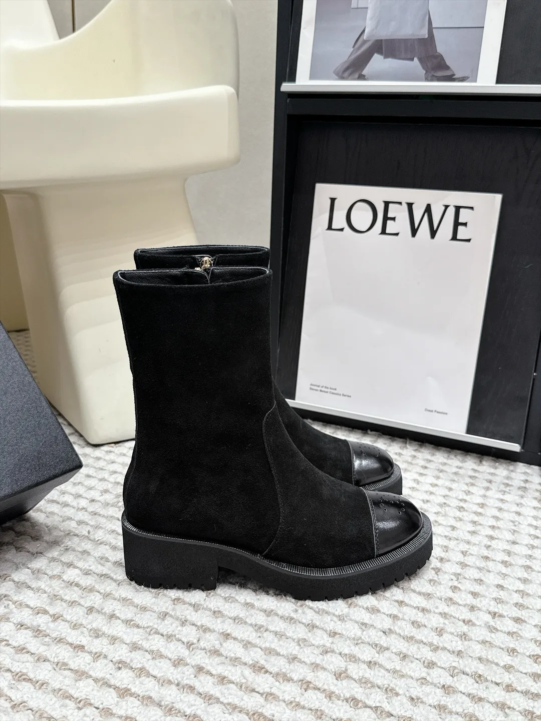 Loewe Cowhide Suede-Look Round-Toe Suede Ankle Boots in Black · view 2
