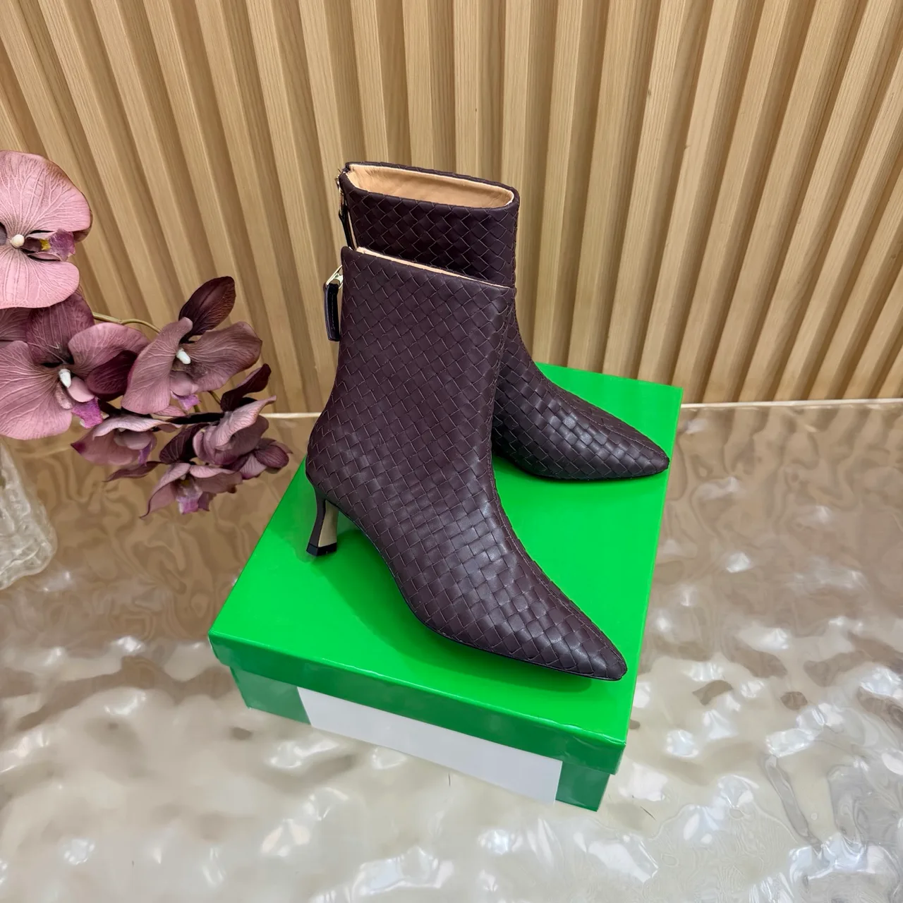 Bottega Veneta Woven Pointed-Toe Ankle Boots in Brown · view 2