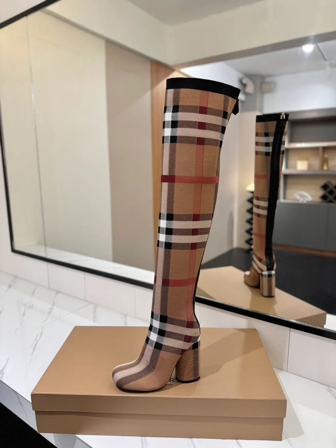 Burberry Check Knee-High Boots in Beige · view 6