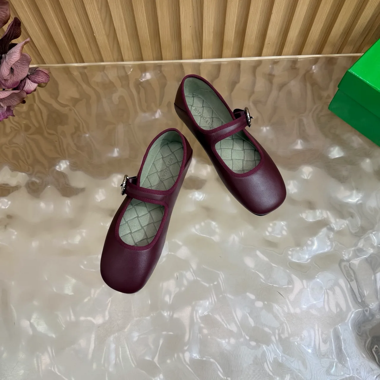 Bottega Veneta Sheepskin Quilted Glossy Buckle Mary Jane Flats in Burgundy · view 5