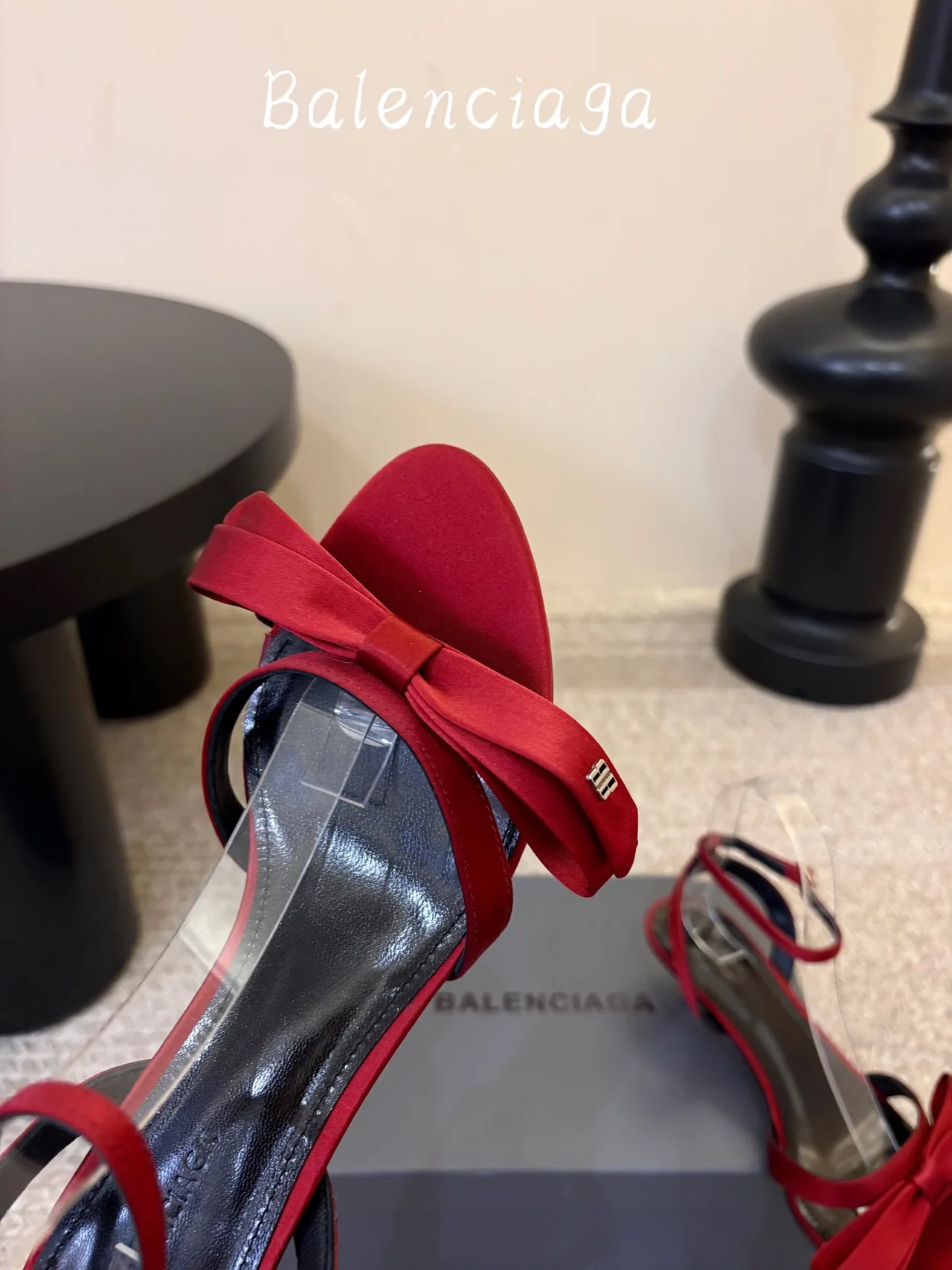 Balenciaga Silk Glossy Bow Ankle Strap Sandals in Red · view 6