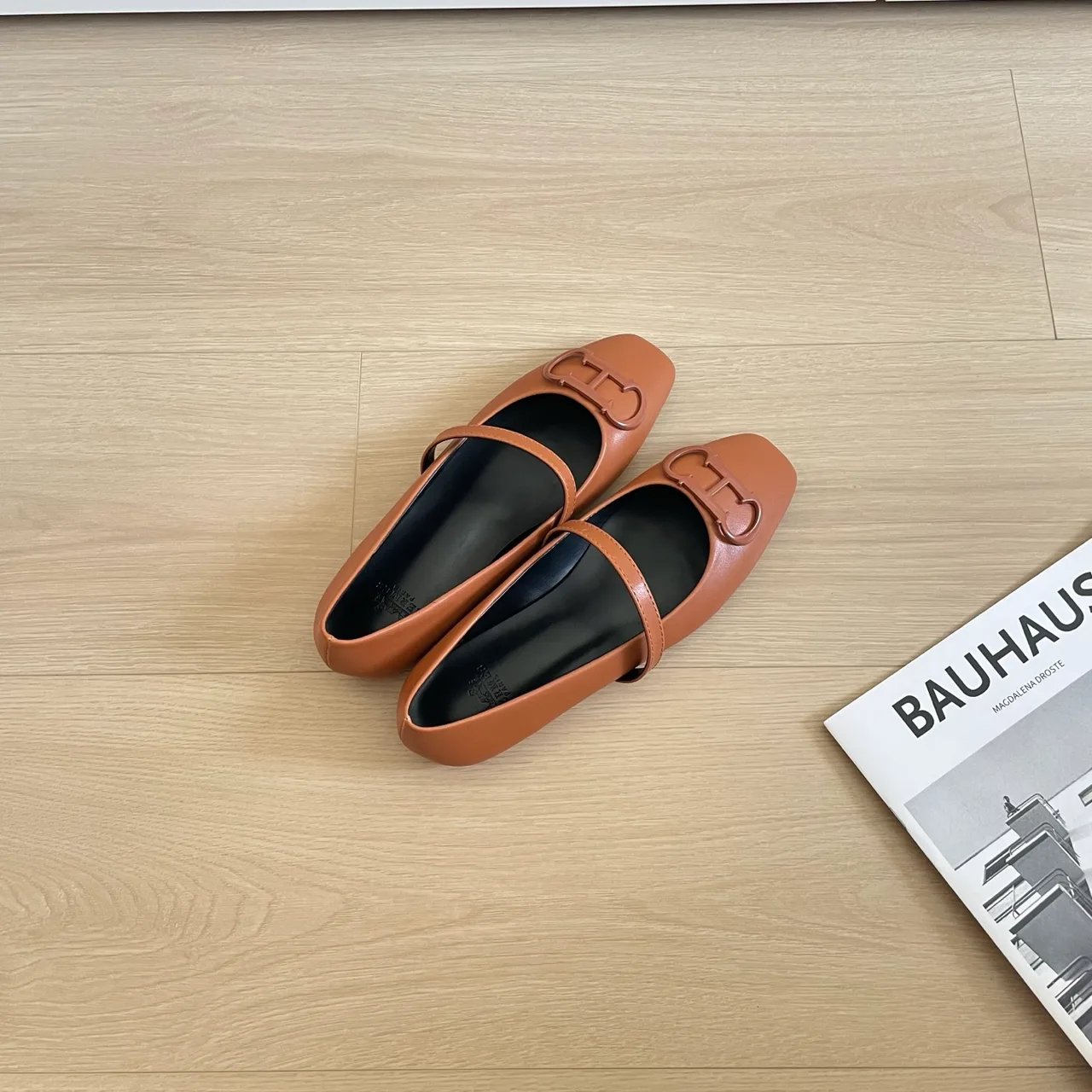Hermes Leather Glossy Square-Toe Mary Jane Shoes in Tan · view 5