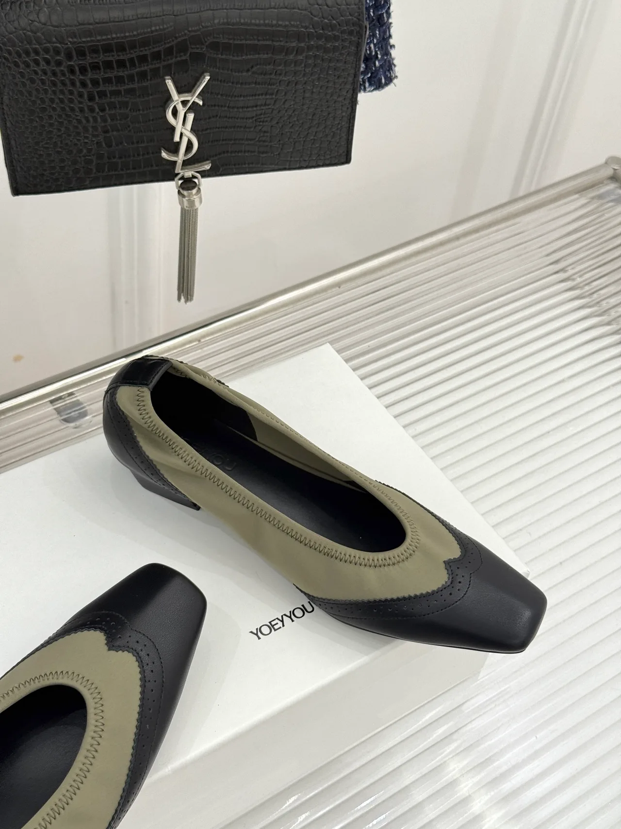 YOEYYOU Lambskin Denim Square-Toe Block-Heel Shoes in Black · view 5