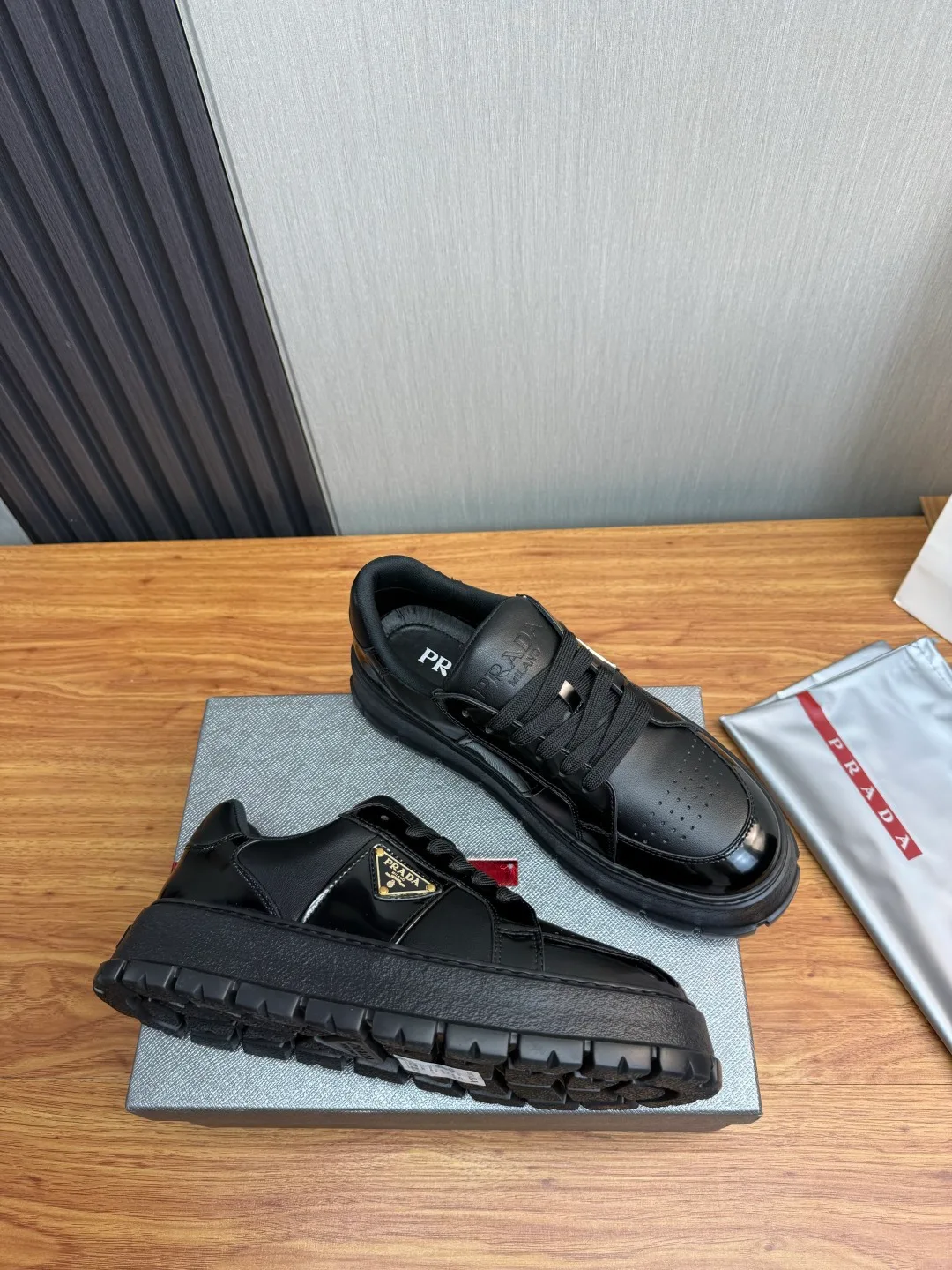 Prada Leather Sneakers in White & Black · view 5