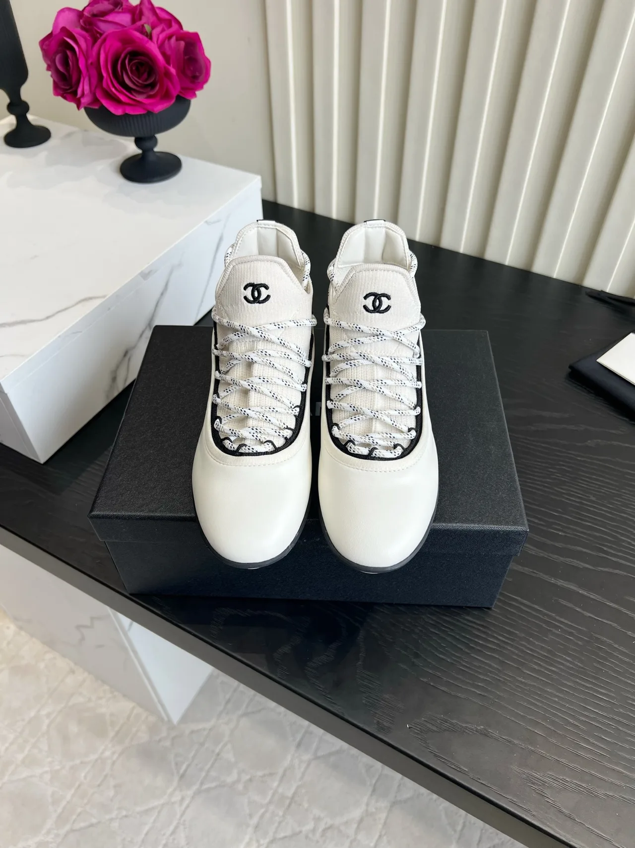 Chanel Sheepskin Striped Sneakers in White · view 1