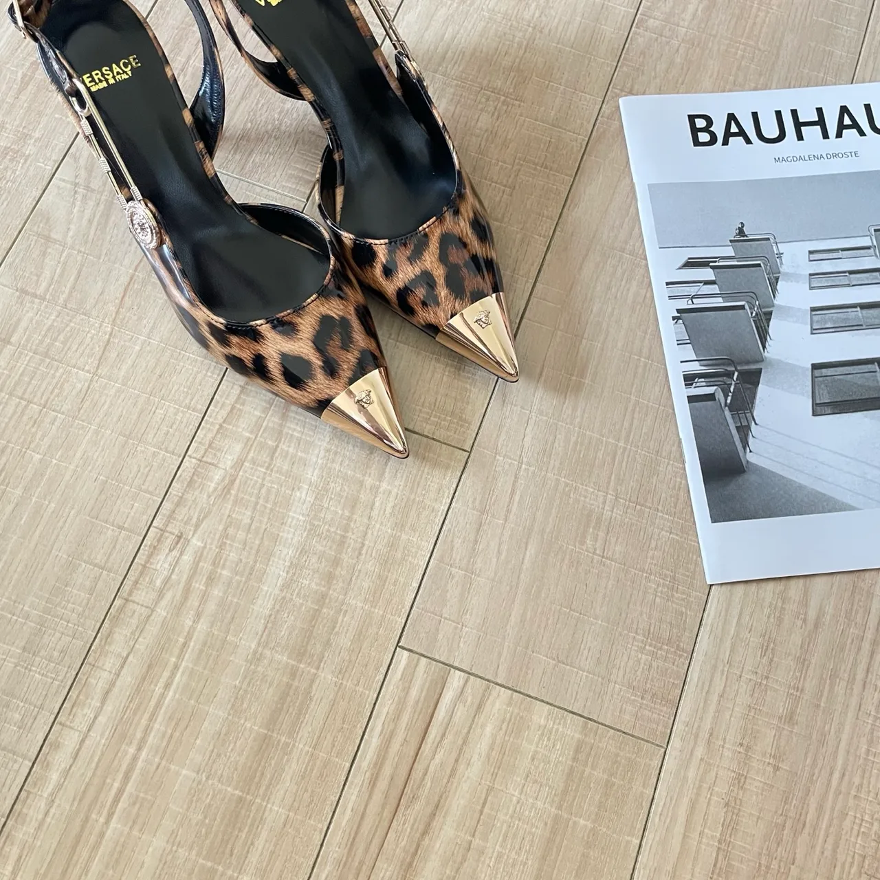Versace Sheepskin Pointed-Toe Pointed Slingback Pumps in Brown · view 6