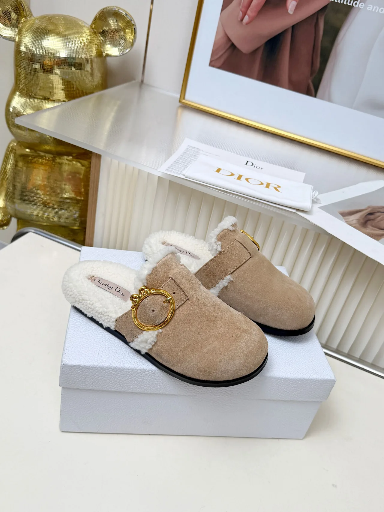 Dior Buckle-trim lined mules in Beige & Black & Tan · view 5
