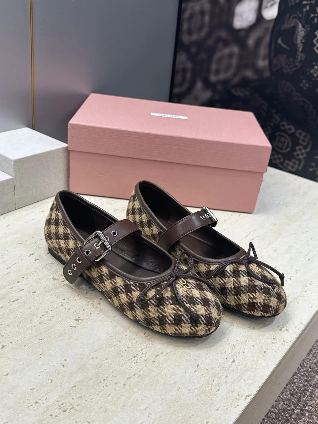 Miu Miu Calfskin Check Round-Toe Mary Jane Flats in Brown · view 1
