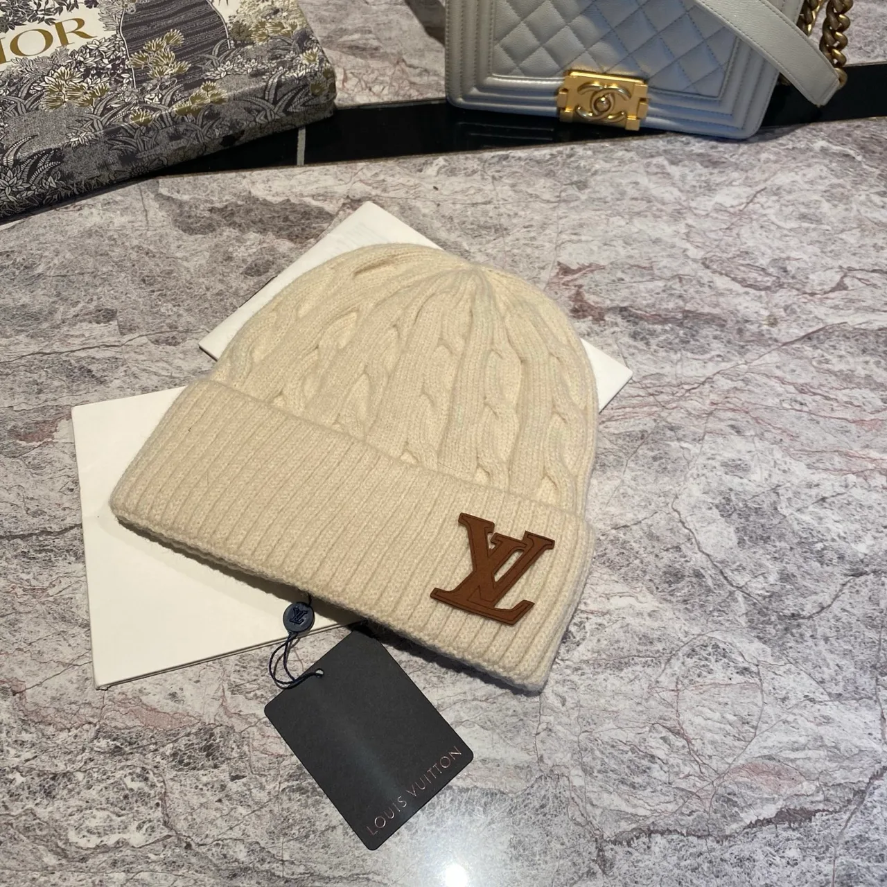 Louis Vuitton Cable-Knit Beanie in Black & White & Grey & Tan & Blue & Burgundy & Pink · view 5