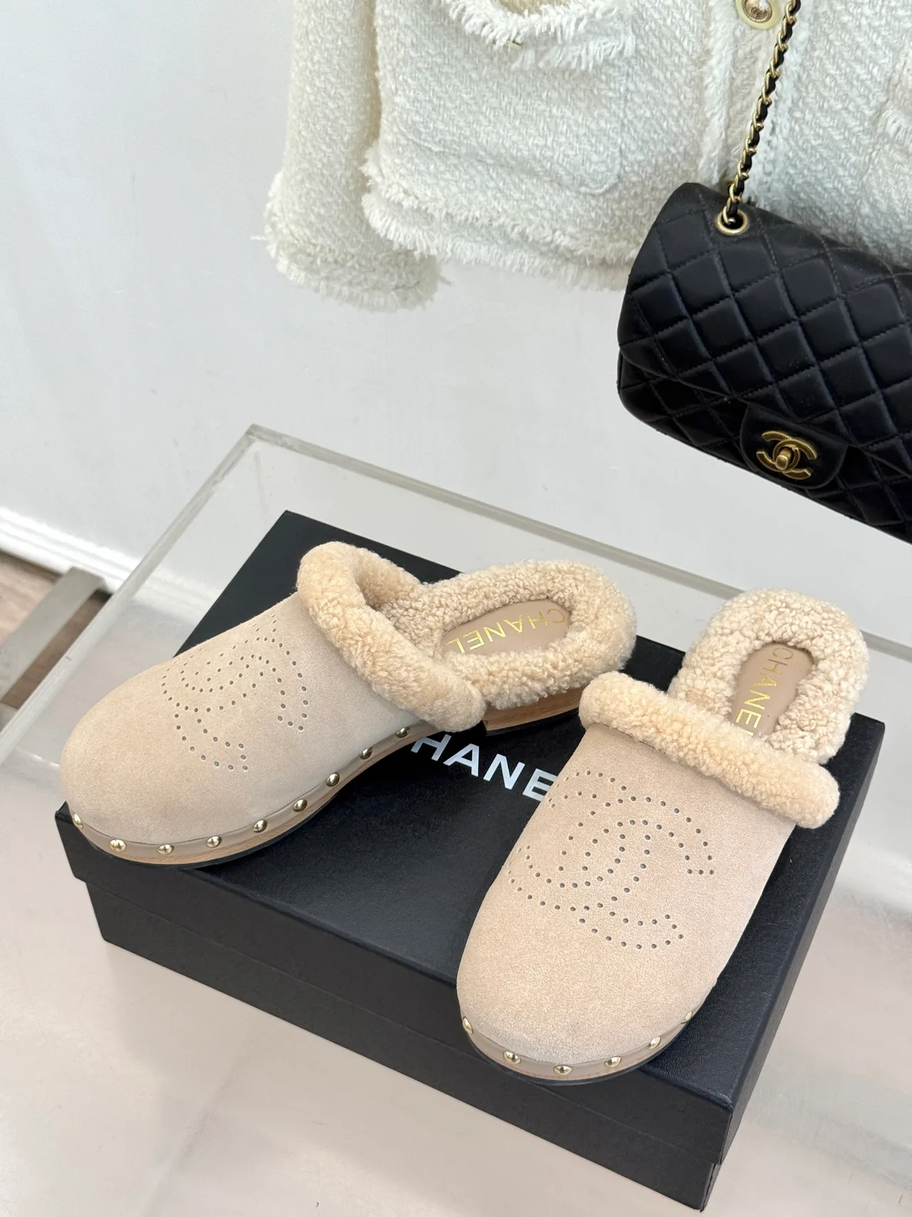 Chanel Patent Leather Wool Mules in Beige · view 2