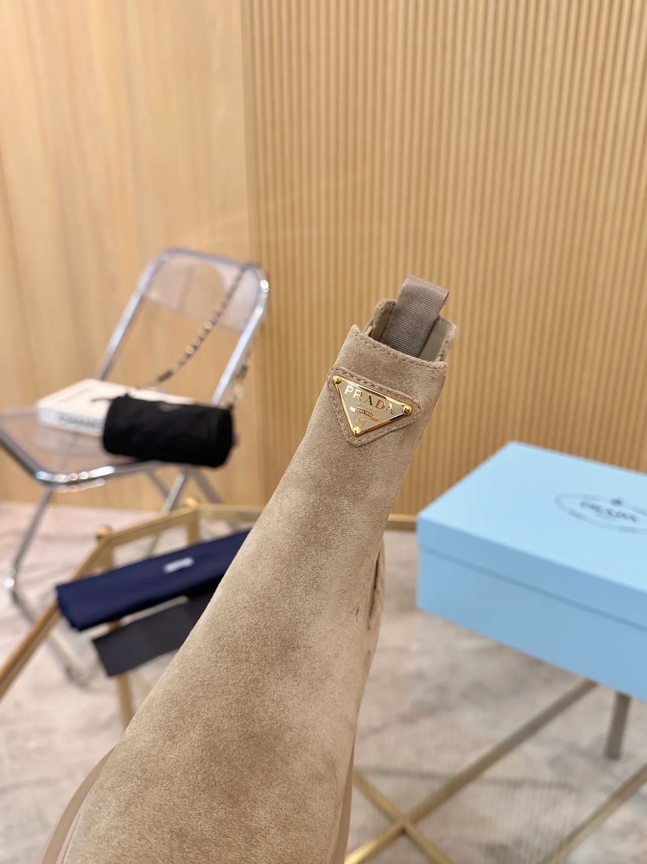 Prada Suede-Look Ankle Boots in Beige · view 7