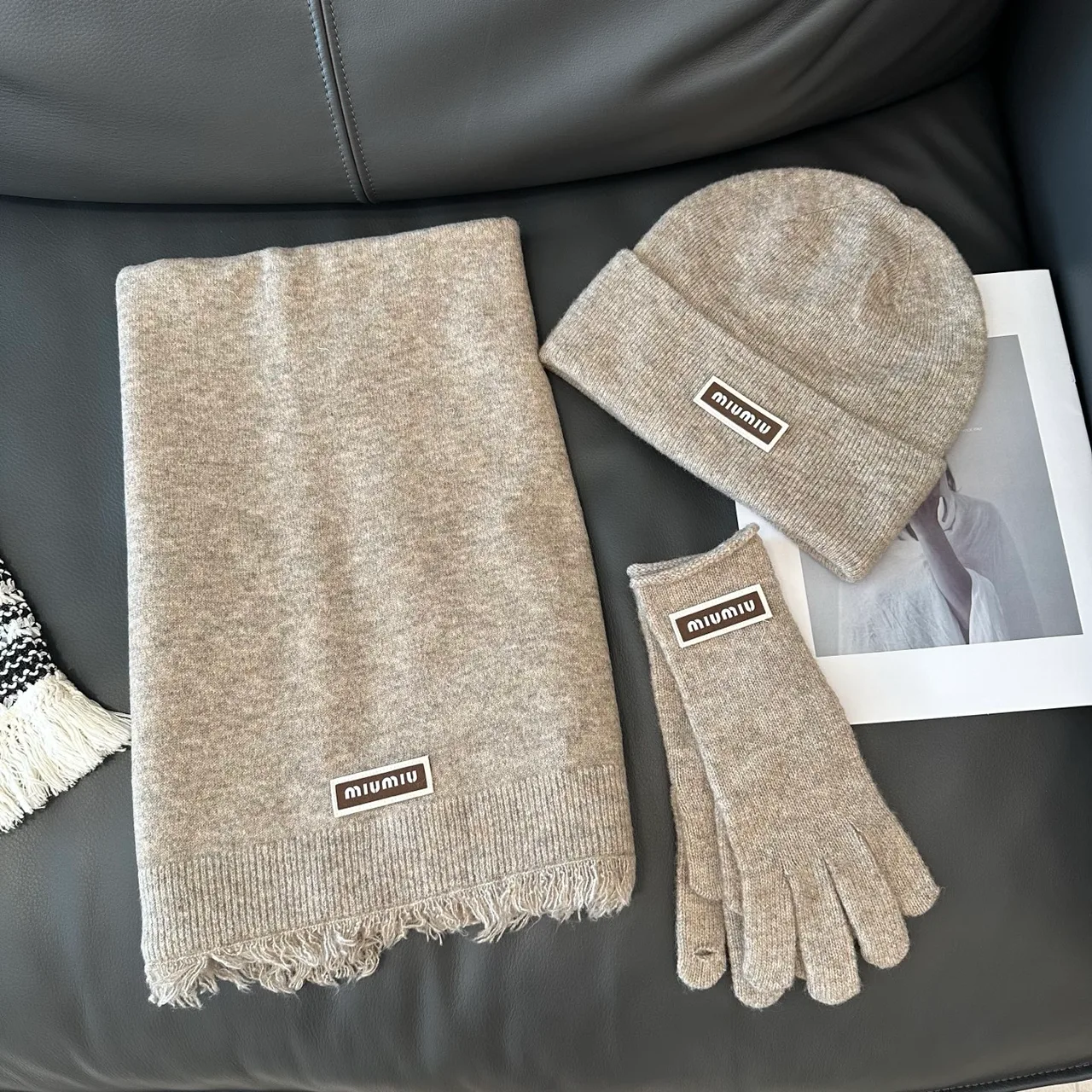 Miu Miu Hat Scarf and Gloves Set in White & Black & Grey & Beige · view 4