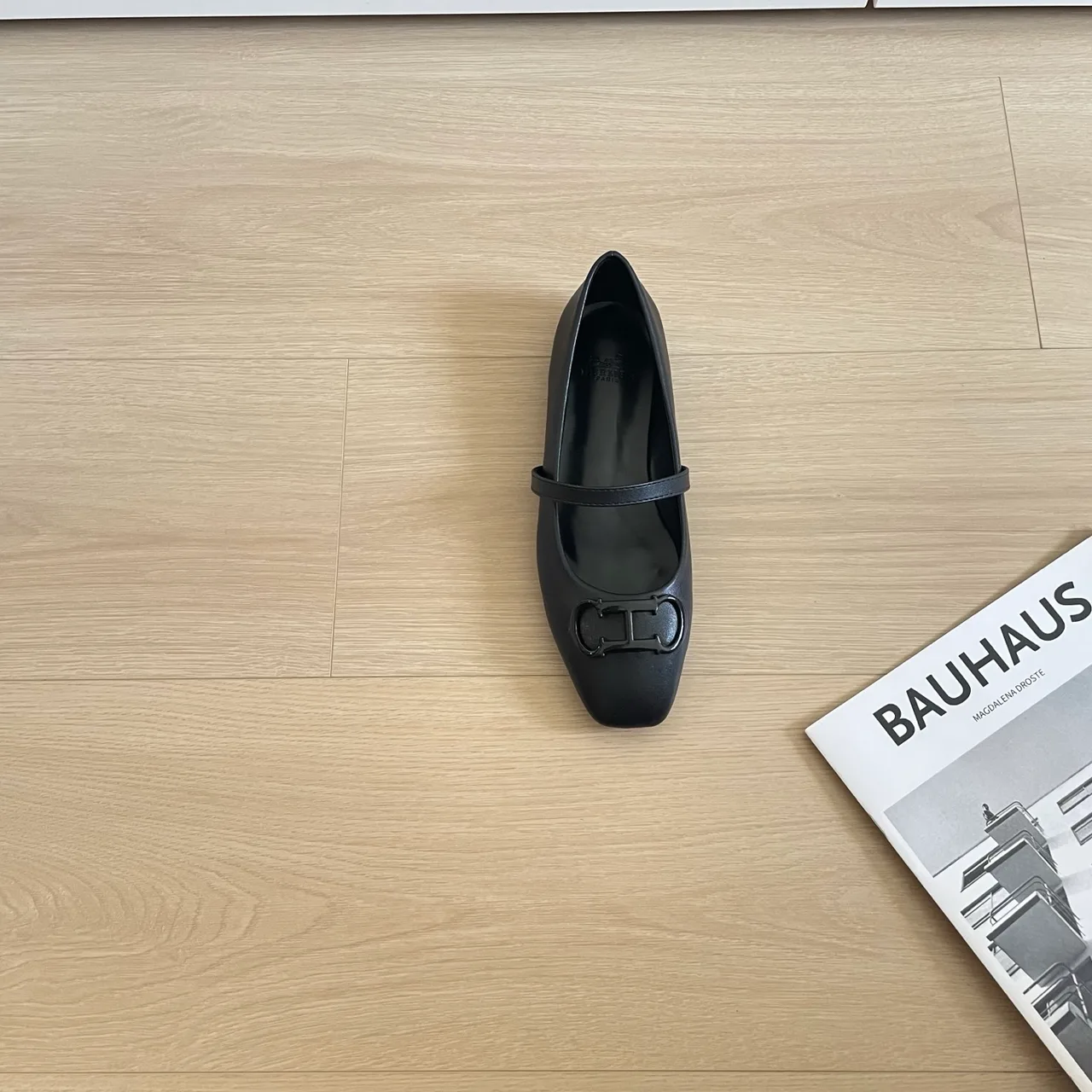Hermes Leather Glossy Square-Toe Mary Jane Flats in Black · view 7