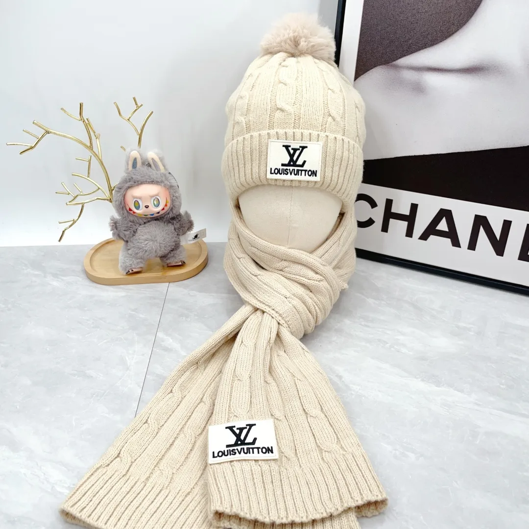 Louis Vuitton Wool Pom-Pom Hat and Scarf Set in Cream · view 1