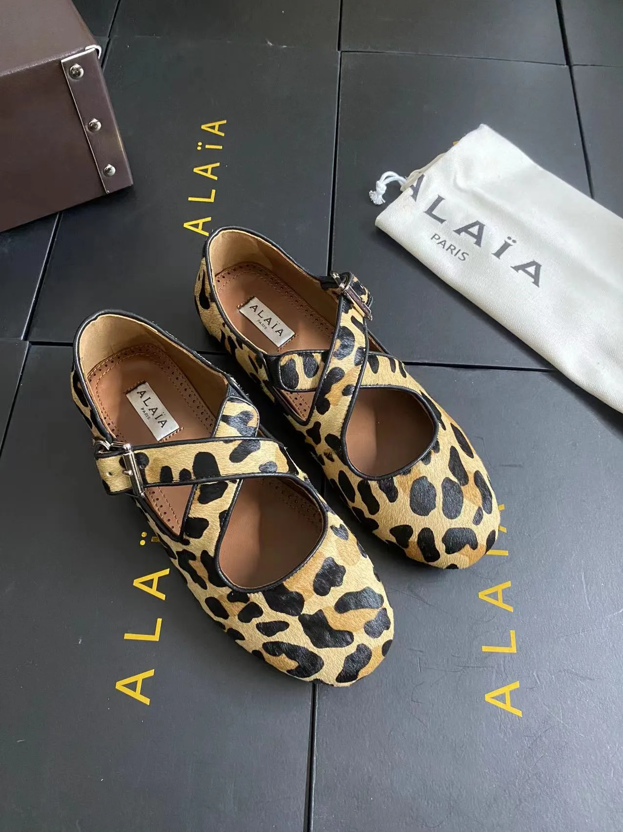 Alaia Cowhide Sheepskin Round-Toe Buckle Ballet Flats in Brown · view 2
