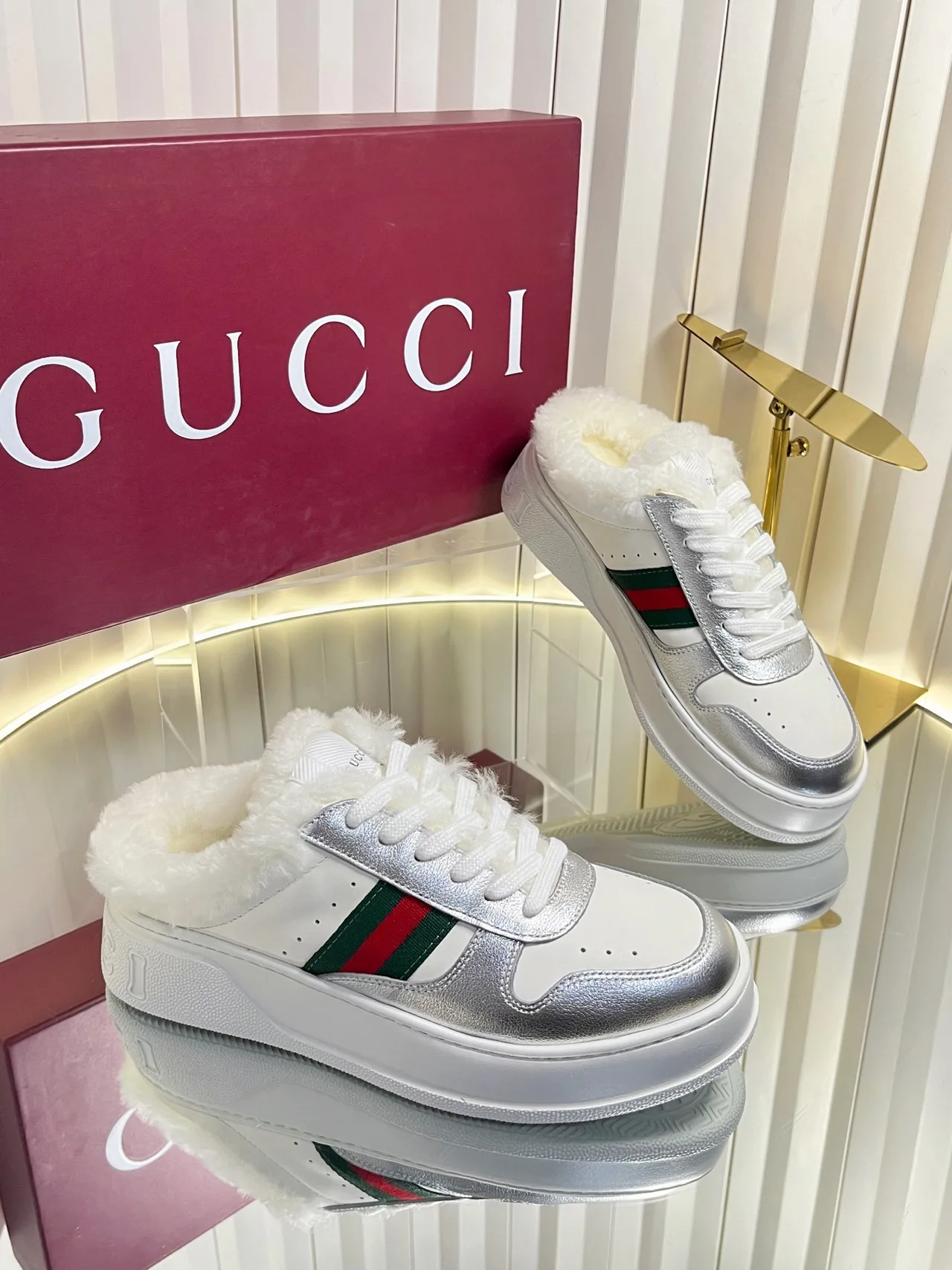 Gucci Wool Striped Lined Sneakers in White · view 4
